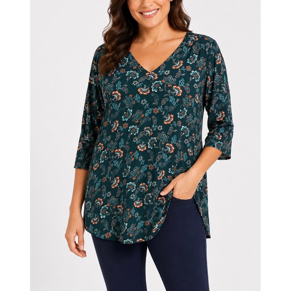 J. Jill Wearever Tunic Top Womens S Teal Floral Paisley 3/4 Sleeve Boho Tunic